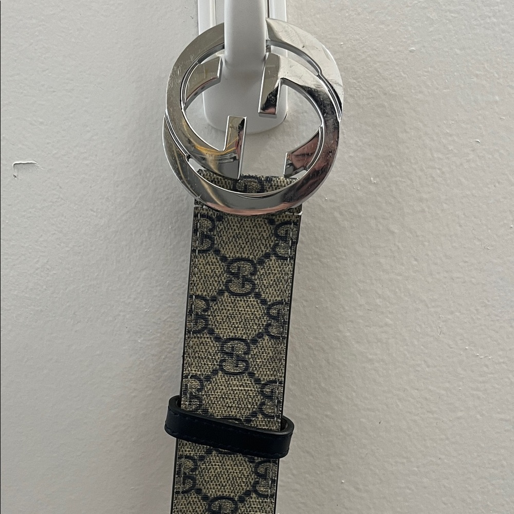 Gucci Beige and Black Patterned Belt with Silver Buckle